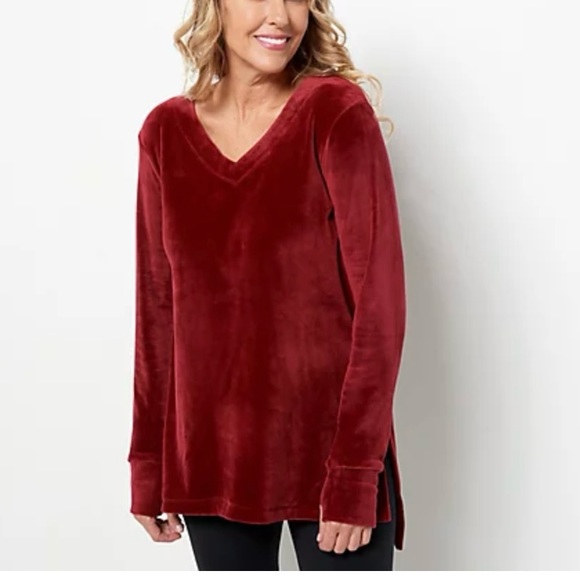 Cuddl Duds Double Plush Velour V-Neck Hi-Low Hem Long Sleeve Tunic Black Plus 1X - Picture 4 of 5